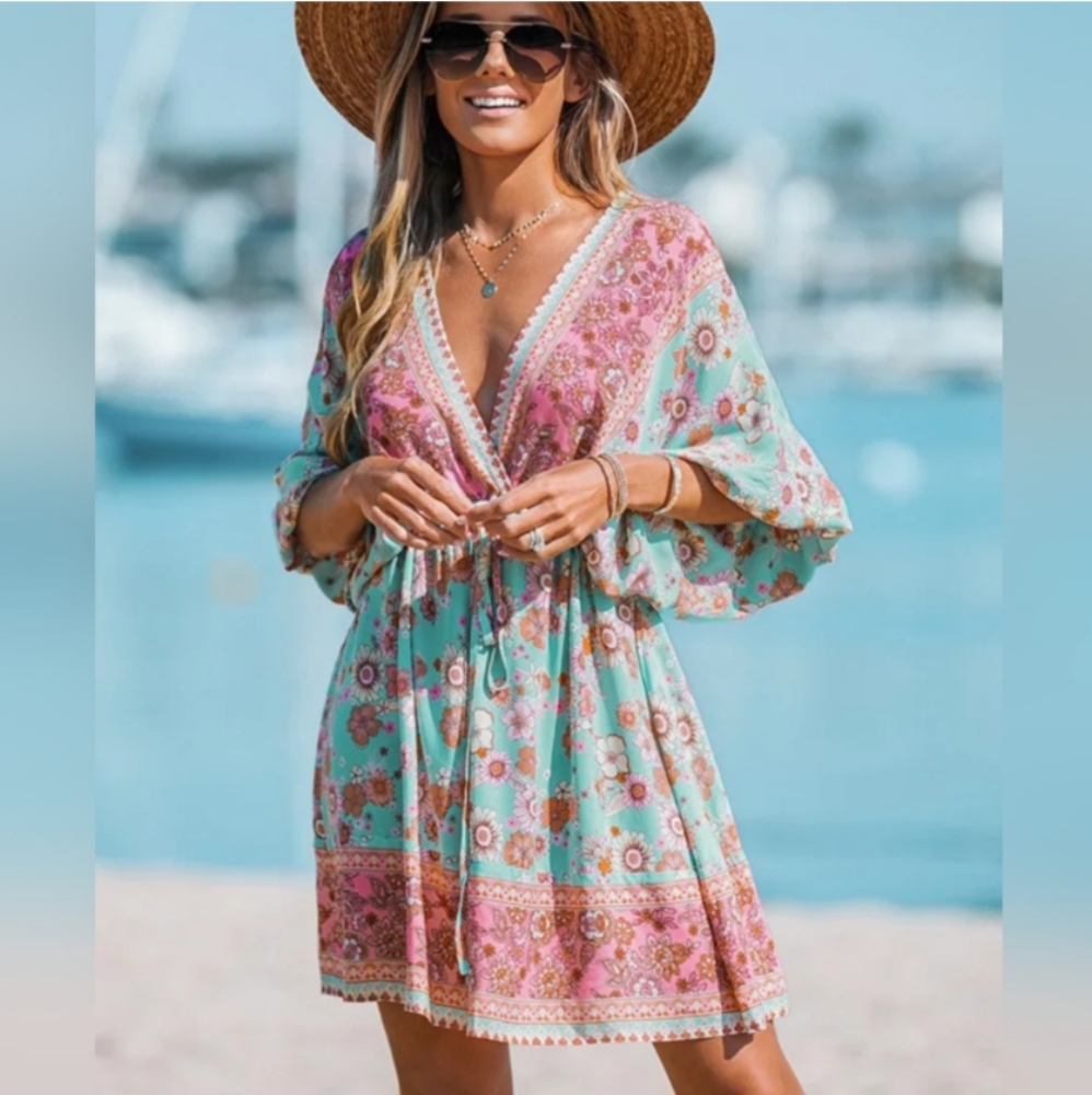 Boho Floral Mini Dress with Drawstring V-Neck and Half Sleeve-NWT 2X